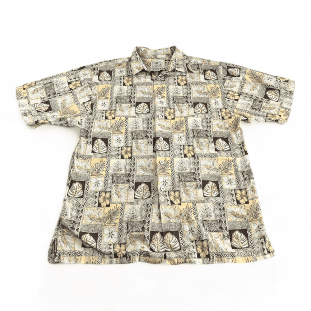 Luau Hawaiian Shirt Adult MEDIUM Brown Yellow Tribal Floral Botanical Cotton